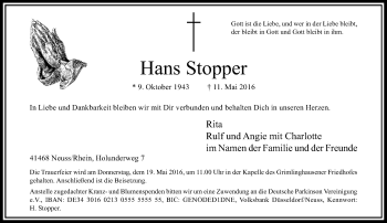 Traueranzeige von Hans Stopper von Rheinische Post