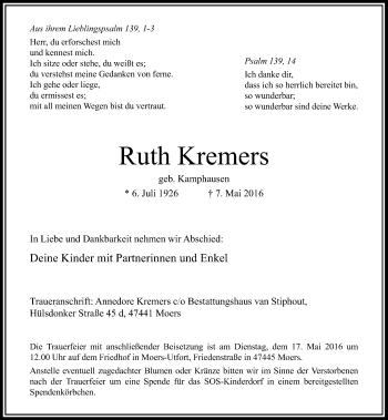 Traueranzeige von Ruth Kremers von Rheinische Post