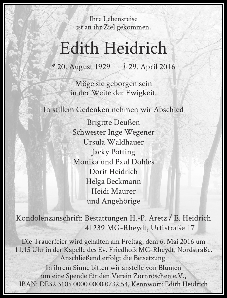 Traueranzeige für Edith Heidrich vom 03.05.2016 aus Rheinische Post