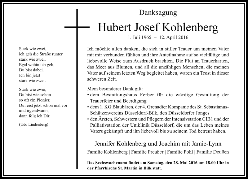  Traueranzeige für Hubert Josef Kohlenberg vom 14.05.2016 aus Rheinische Post