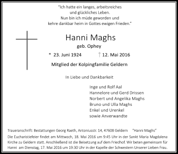 Traueranzeige von Hanni Maghs von Rheinische Post