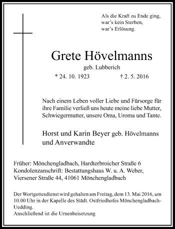 Traueranzeige von Grete Hövelmanns von Rheinische Post