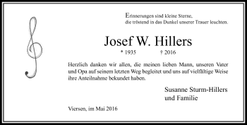 Traueranzeige von Josef W. Hillers von Rheinische Post