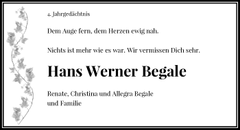 Traueranzeige von Hans Werner Begale von Rheinische Post