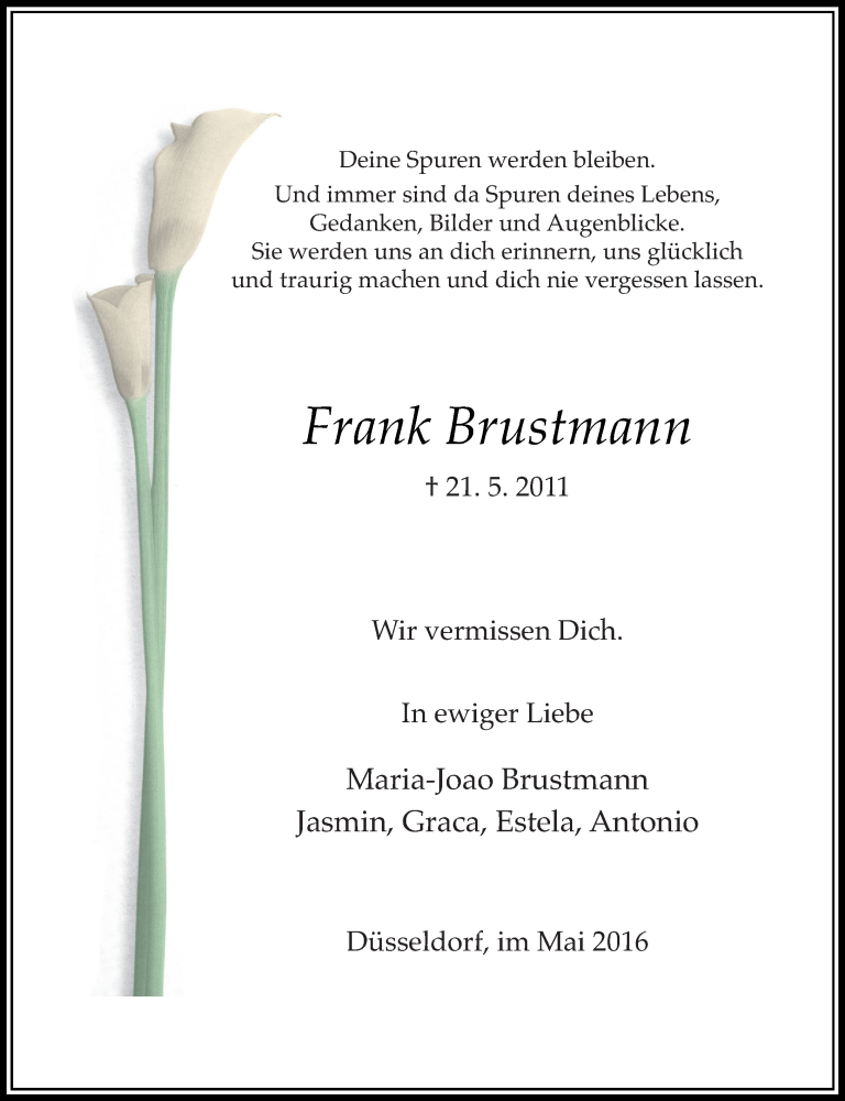  Traueranzeige für Frank Brustmann vom 21.05.2016 aus Rheinische Post