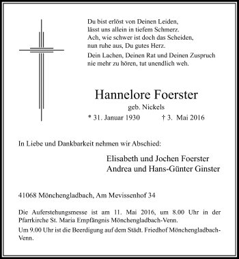 Traueranzeige von Hannelore Foerster von Rheinische Post