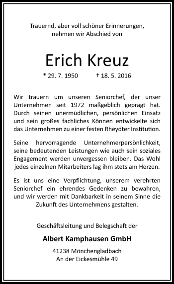 Traueranzeige von Erich Kreuz von Rheinische Post
