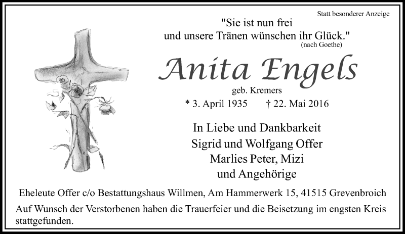  Traueranzeige für Anita Engels vom 01.06.2016 aus Rheinische Post