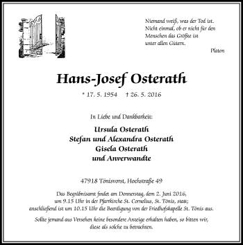 Traueranzeige von Hans-Josef Osterath von Rheinische Post