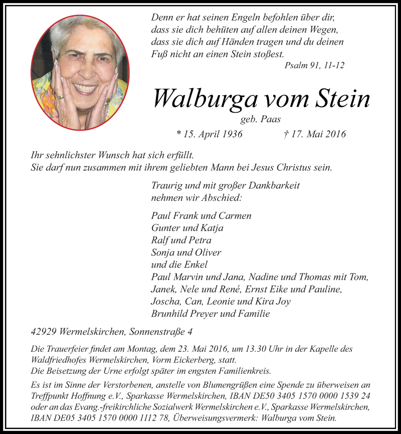  Traueranzeige für Walburga vom Stein vom 19.05.2016 aus Rheinische Post