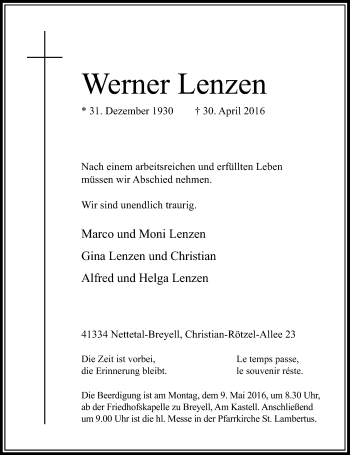 Traueranzeige von Werner Lenzen von Rheinische Post
