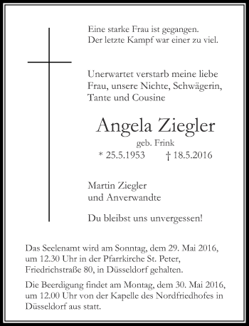 Traueranzeige von Angela Ziegler von Rheinische Post