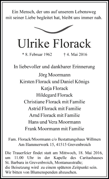 Traueranzeige von Ulrike Florack von Rheinische Post