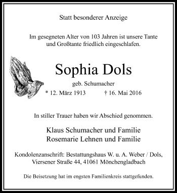 Traueranzeige von Sophia Dols von Rheinische Post