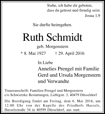 Traueranzeige von Ruth Schmidt von Rheinische Post