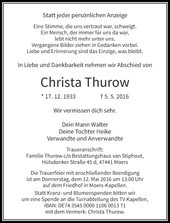 Traueranzeige von Christa Thurow von Rheinische Post
