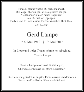 Traueranzeige von Gerd Lampe von Rheinische Post