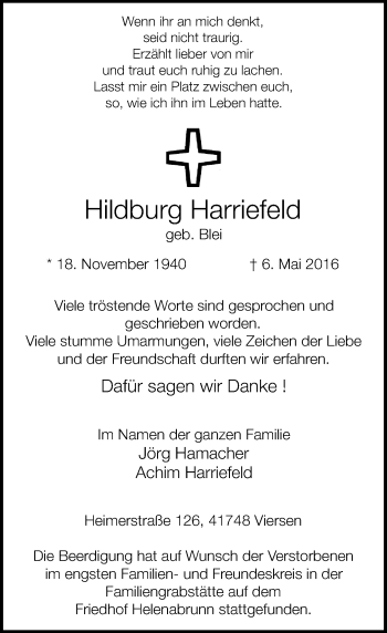 Traueranzeige von Hildburg Harriefeld von Rheinische Post