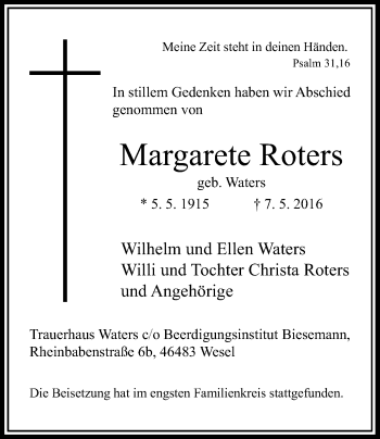 Traueranzeige von Margarete Roters von Rheinische Post