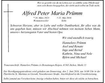 Traueranzeige von Alfred Peter Maria Prümm von Rheinische Post