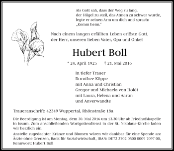 Traueranzeige von Hubert Boll von Rheinische Post