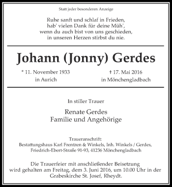 Traueranzeige von Johann Gerdes von Rheinische Post