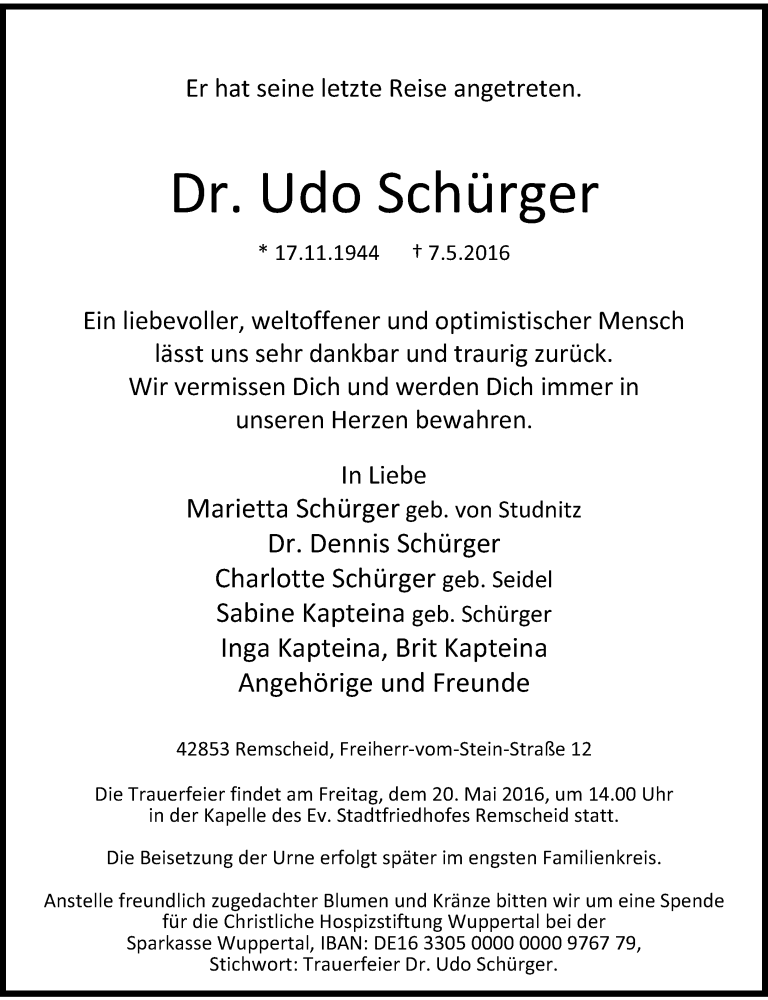  Traueranzeige für Udo Schürger vom 14.05.2016 aus Rheinische Post