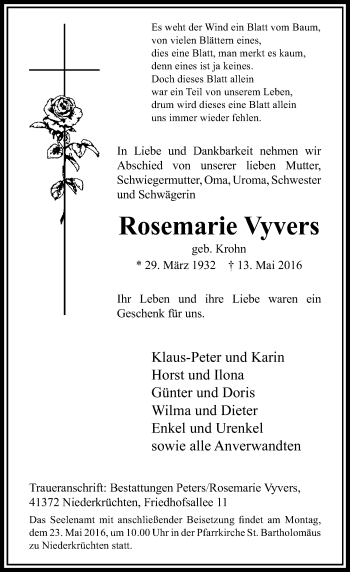 Traueranzeige von Rosemarie Vyvers von Rheinische Post