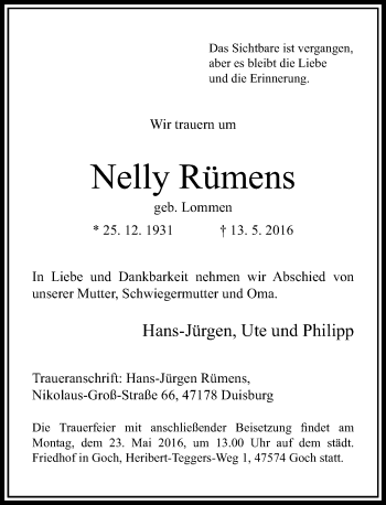 Traueranzeige von Nelly Rümens von Rheinische Post