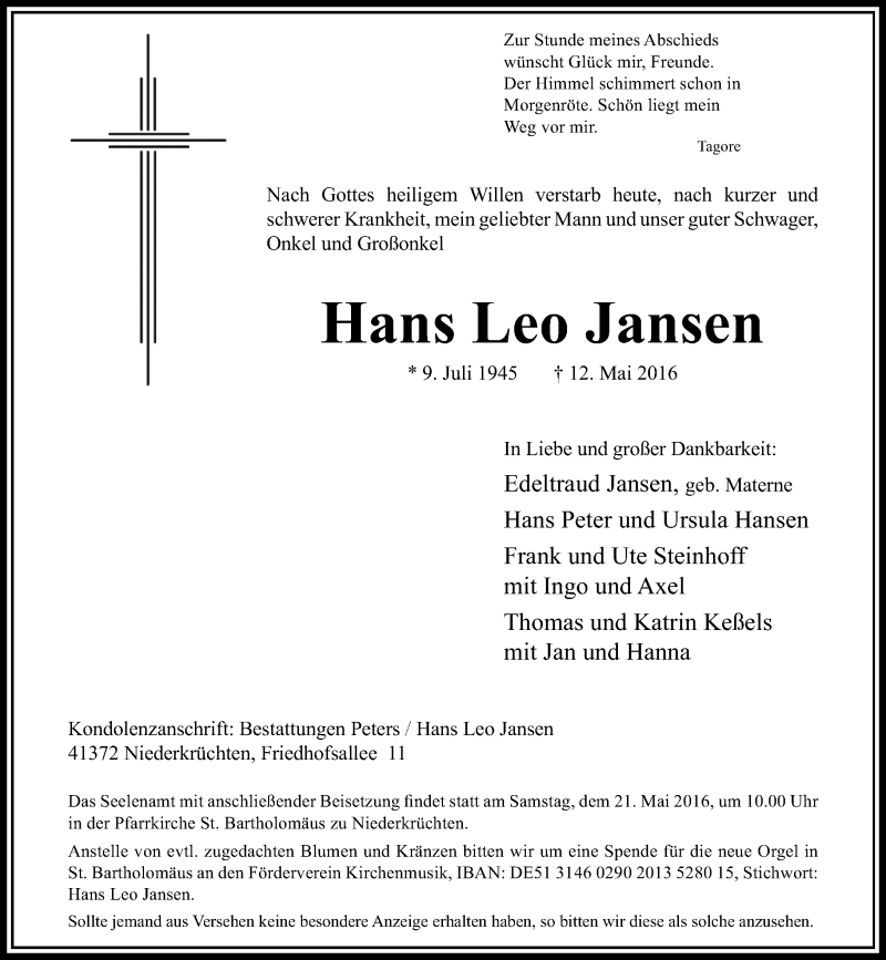  Traueranzeige für Hans Leo Jansen vom 18.05.2016 aus Rheinische Post