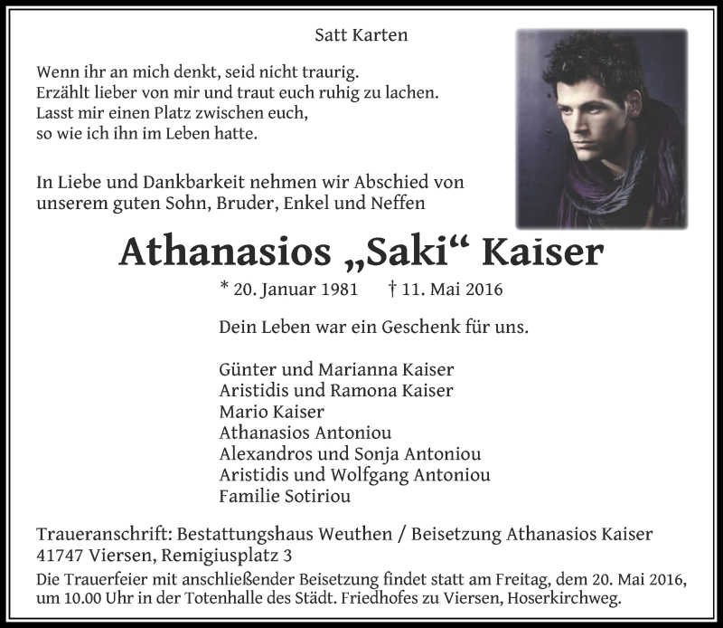  Traueranzeige für Athanasios Saki Kaiser vom 14.05.2016 aus Rheinische Post