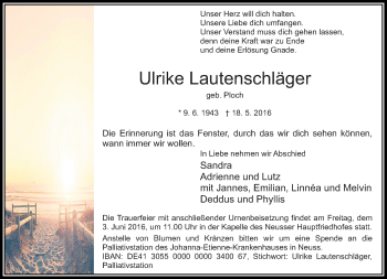 Traueranzeige von Ulrike Lautenschläger von Rheinische Post
