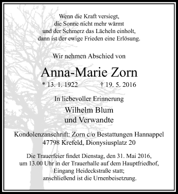 Traueranzeige von Anna-Marie Zorn von Rheinische Post