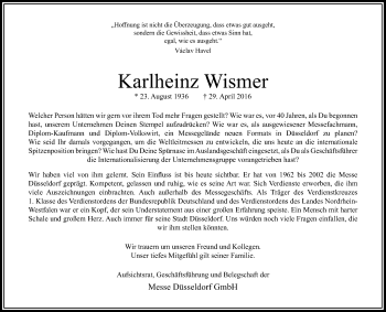 Traueranzeige von Karlheinz Wismer von Rheinische Post