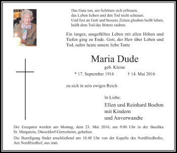 Traueranzeige von Maria Dude von Rheinische Post