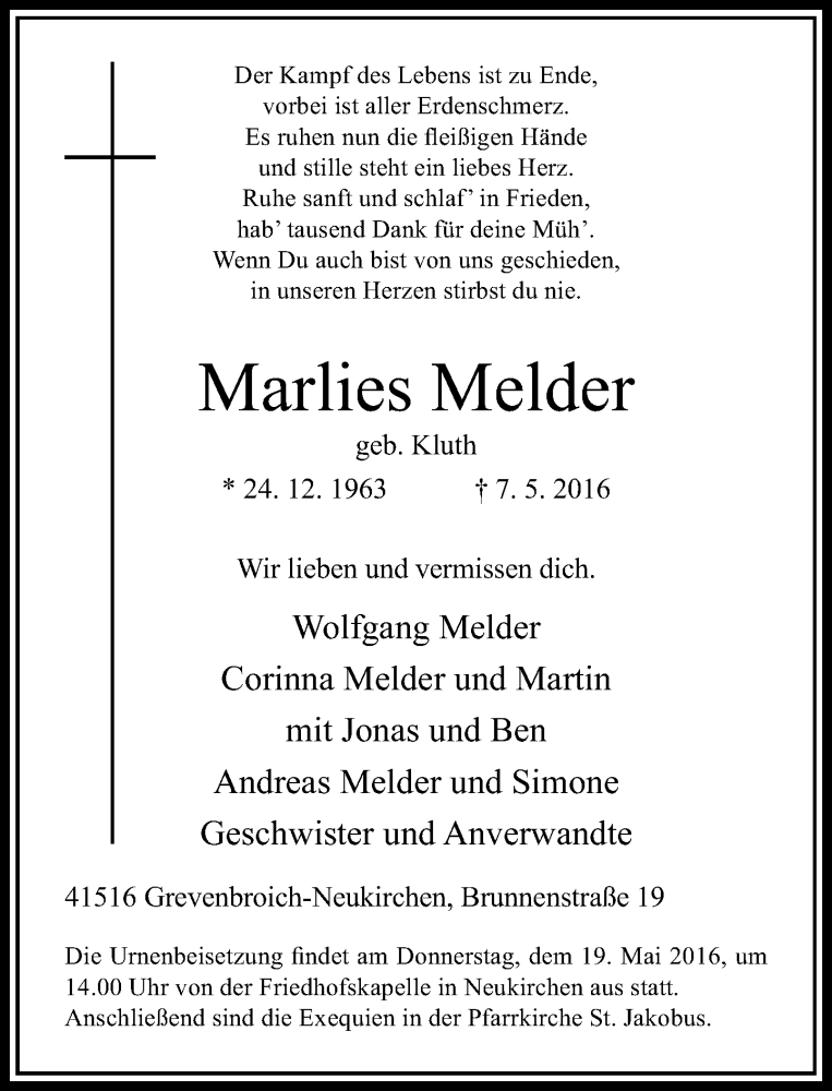  Traueranzeige für Marlies Melder vom 14.05.2016 aus Rheinische Post
