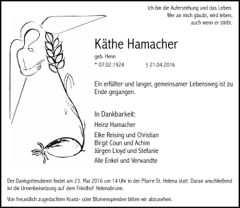 Traueranzeige von Käthe Hamacher von Rheinische Post