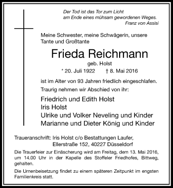 Traueranzeige von Frieda Reichmann von Rheinische Post
