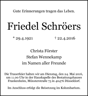 Traueranzeige von Friedel Schröers von Rheinische Post