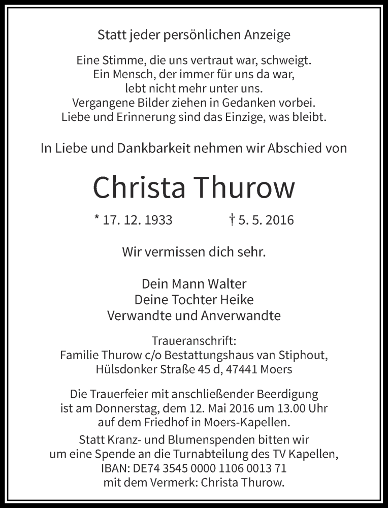  Traueranzeige für Christa Thurow vom 10.05.2016 aus Rheinische Post