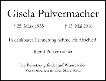 Traueranzeige von Gisela Pulvermacher von Rheinische Post