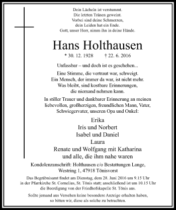 Traueranzeige von Hans Holthausen von Rheinische Post
