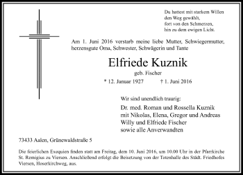 Traueranzeige von Elfriede Kuznik von Rheinische Post