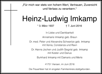 Traueranzeige von Heinz-Ludwig Imkamp von Rheinische Post