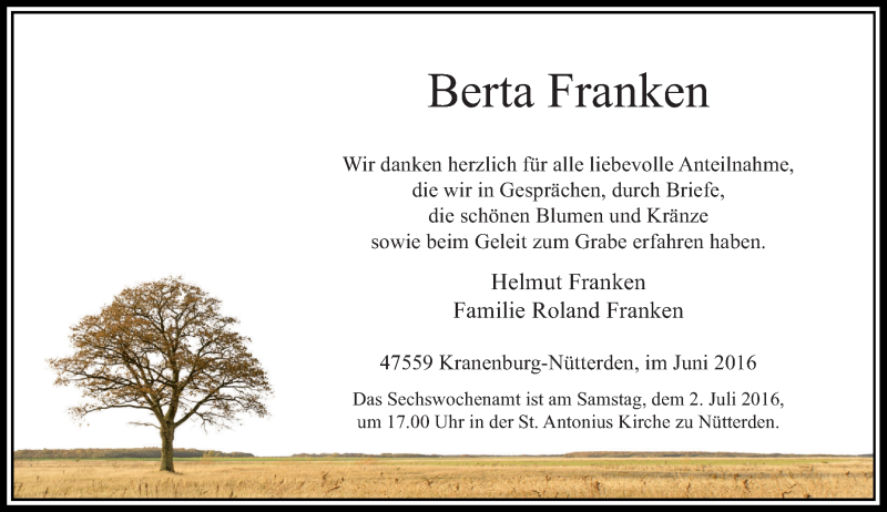  Traueranzeige für Berta Franken vom 29.06.2016 aus Rheinische Post