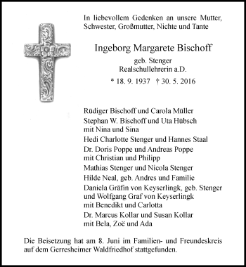 Traueranzeige von Ingeborg Margarete Bischoff von Rheinische Post