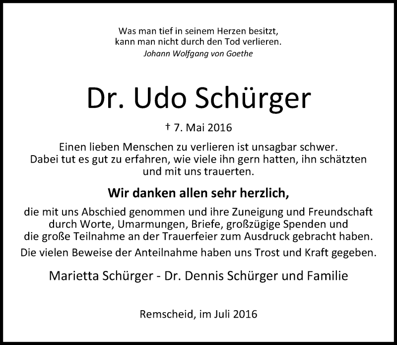  Traueranzeige für Udo Schürger vom 02.07.2016 aus Rheinische Post