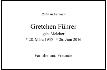 Traueranzeige von Gretchen Führer von Rheinische Post