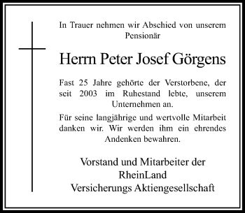 Traueranzeige von Peter Josef Görgens von Rheinische Post