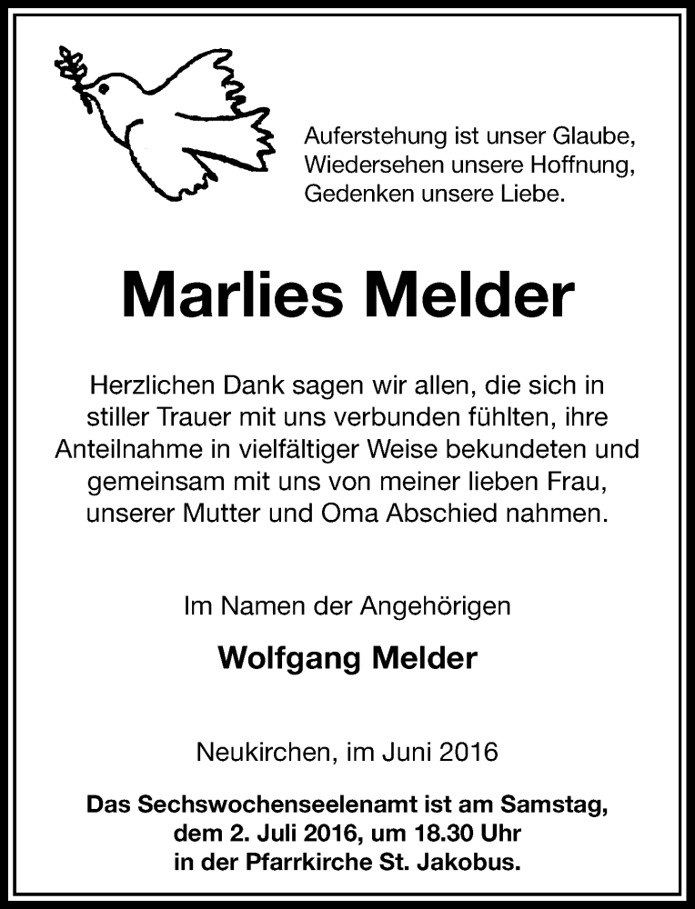  Traueranzeige für Marlies Melder vom 25.06.2016 aus Rheinische Post